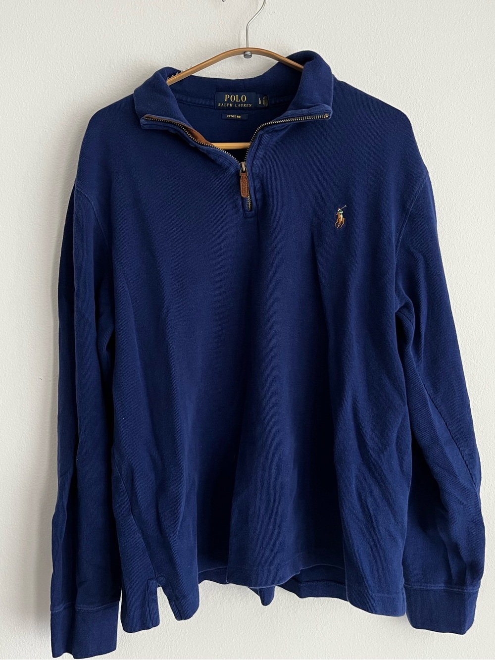 Polo by Ralph Lauren Navy Half-Zip Pullover with Brown Leather Trim